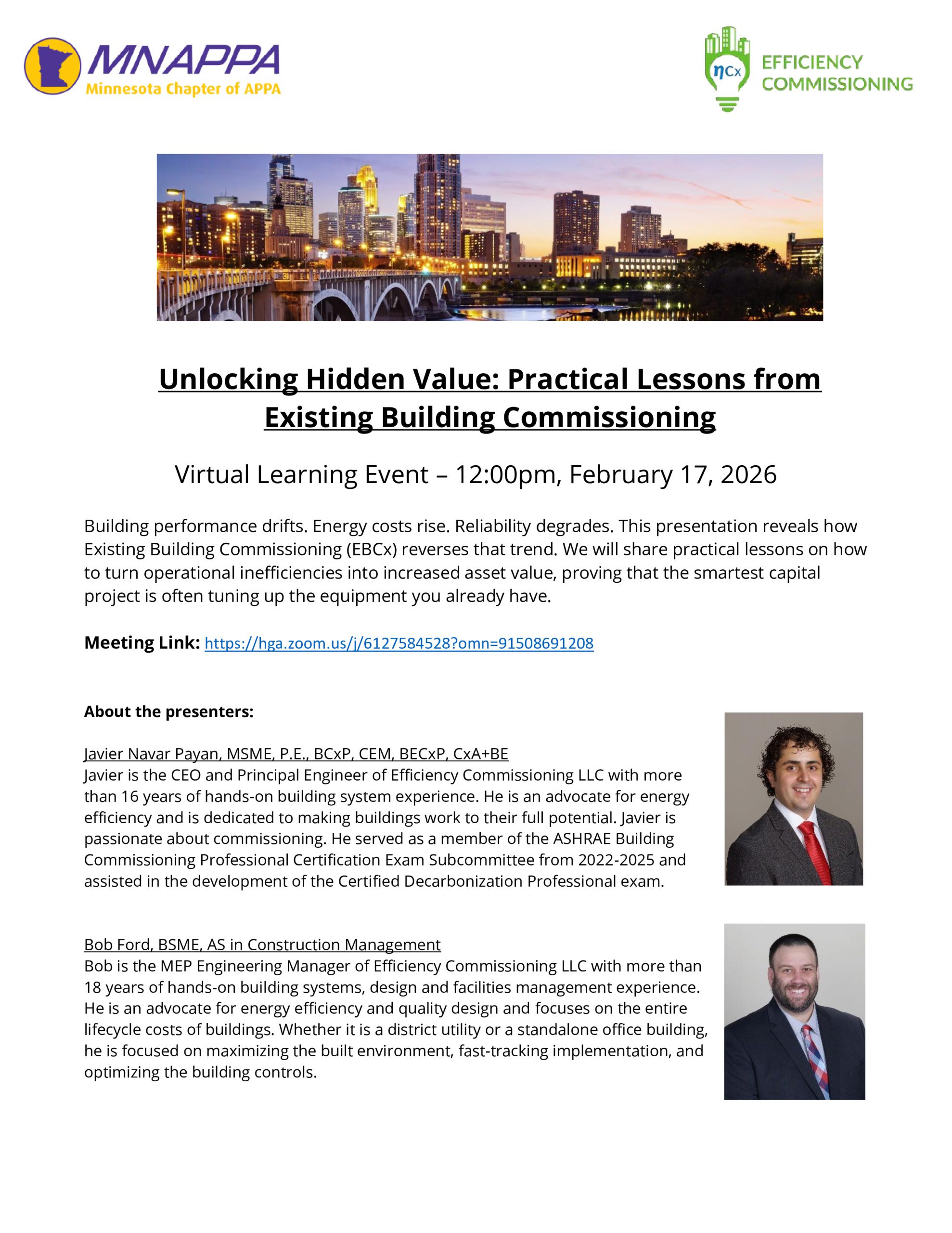 February 17, 2026 virtual MNAPPA presentation on Practical Lessons from Building Commissioning